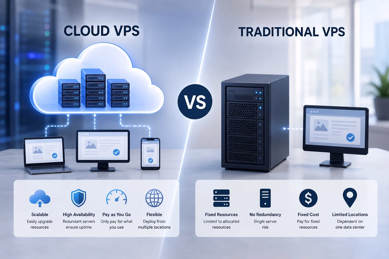 Cloud VPS vs Traditional VPS comparison showing scalable cloud infrastructure and virtual server hosting