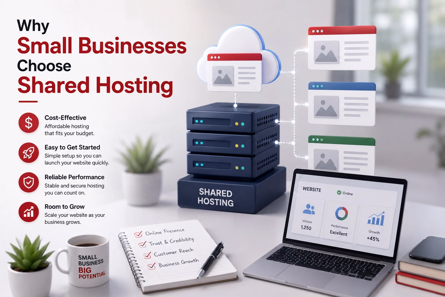 Business owner managing website with shared web hosting dashboard