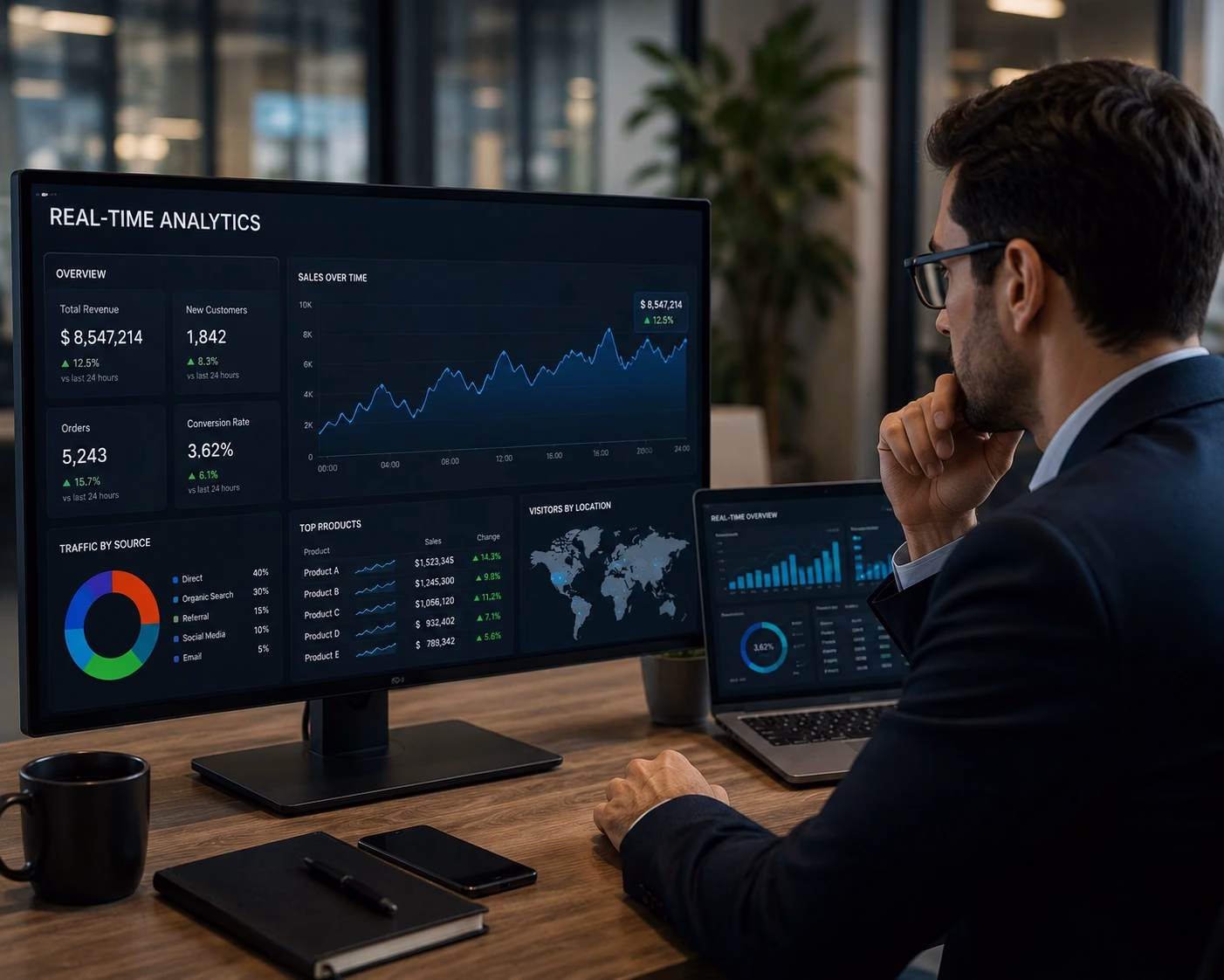 Cloud-based data pipeline connecting business systems with secure data processing and analytics visualization.