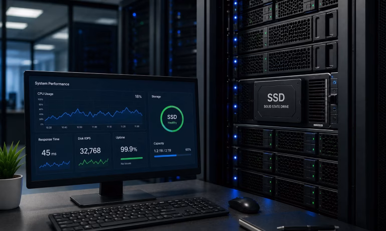 Modern business website loading quickly on a laptop with high-performance SSD storage servers in the background.