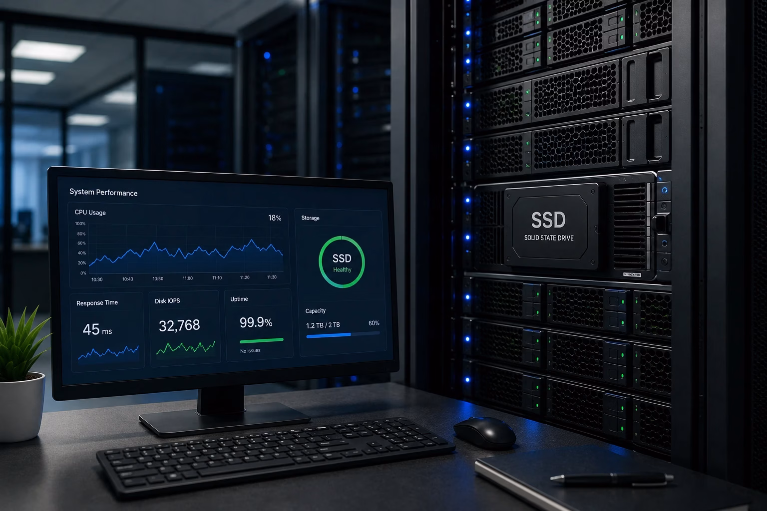 Modern business website loading quickly on a laptop with high-performance SSD storage servers in the background.