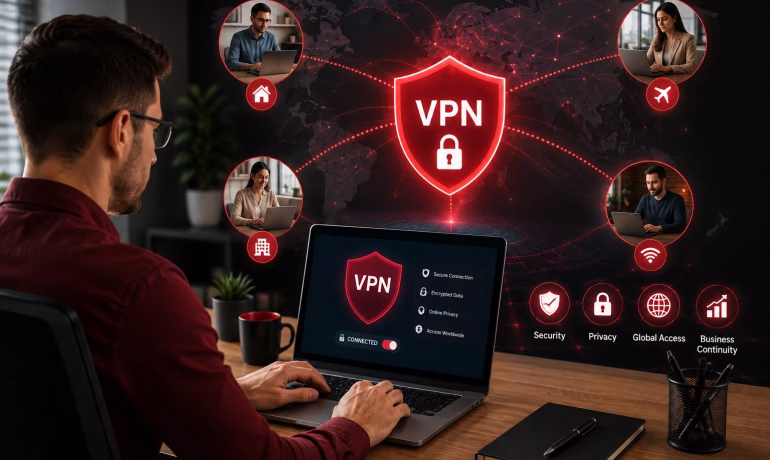 Business professionals using a secure VPN solution for encrypted remote access to company systems