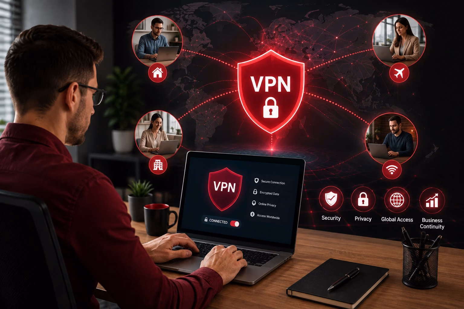 Business professionals using a secure VPN solution for encrypted remote access to company systems